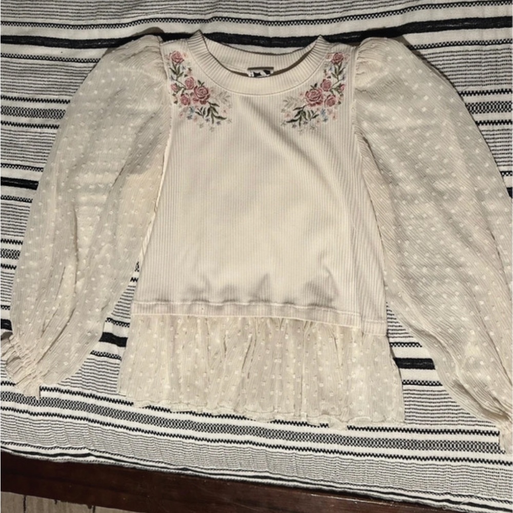 Self Esteem Cream Floral Blouse with Lace Sleeves